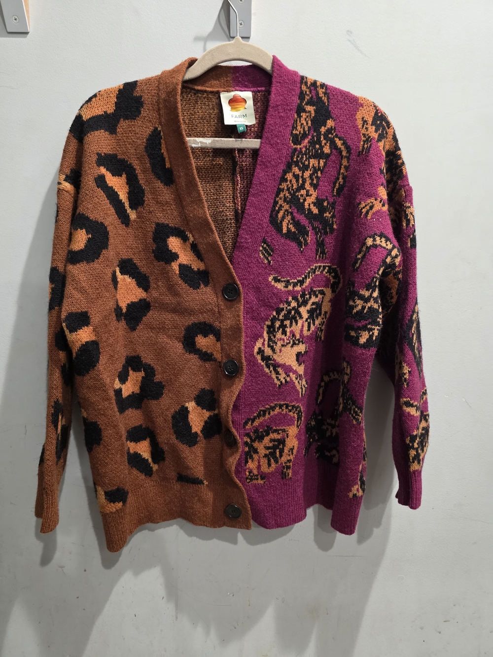 FARM Rio Two-Tone Leopard Print Cardigan - Rust & Magenta